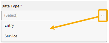 Date Type field with a yellow highlight box around the drop down menu arrow option with a yellow arrow pointing towards the selection options.